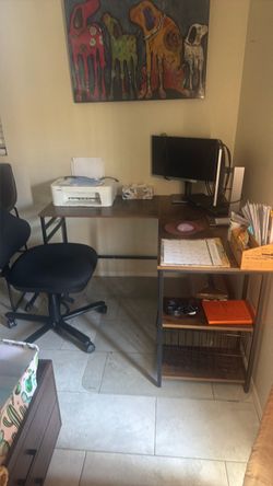 L-Shaped Desk with Shelving Unit + chair