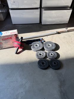 Barbell with Weight Plates and Ab Wheel Set. Core Secrets workout.