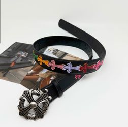 Chrome Hearts Style Black Leather Cross Belt