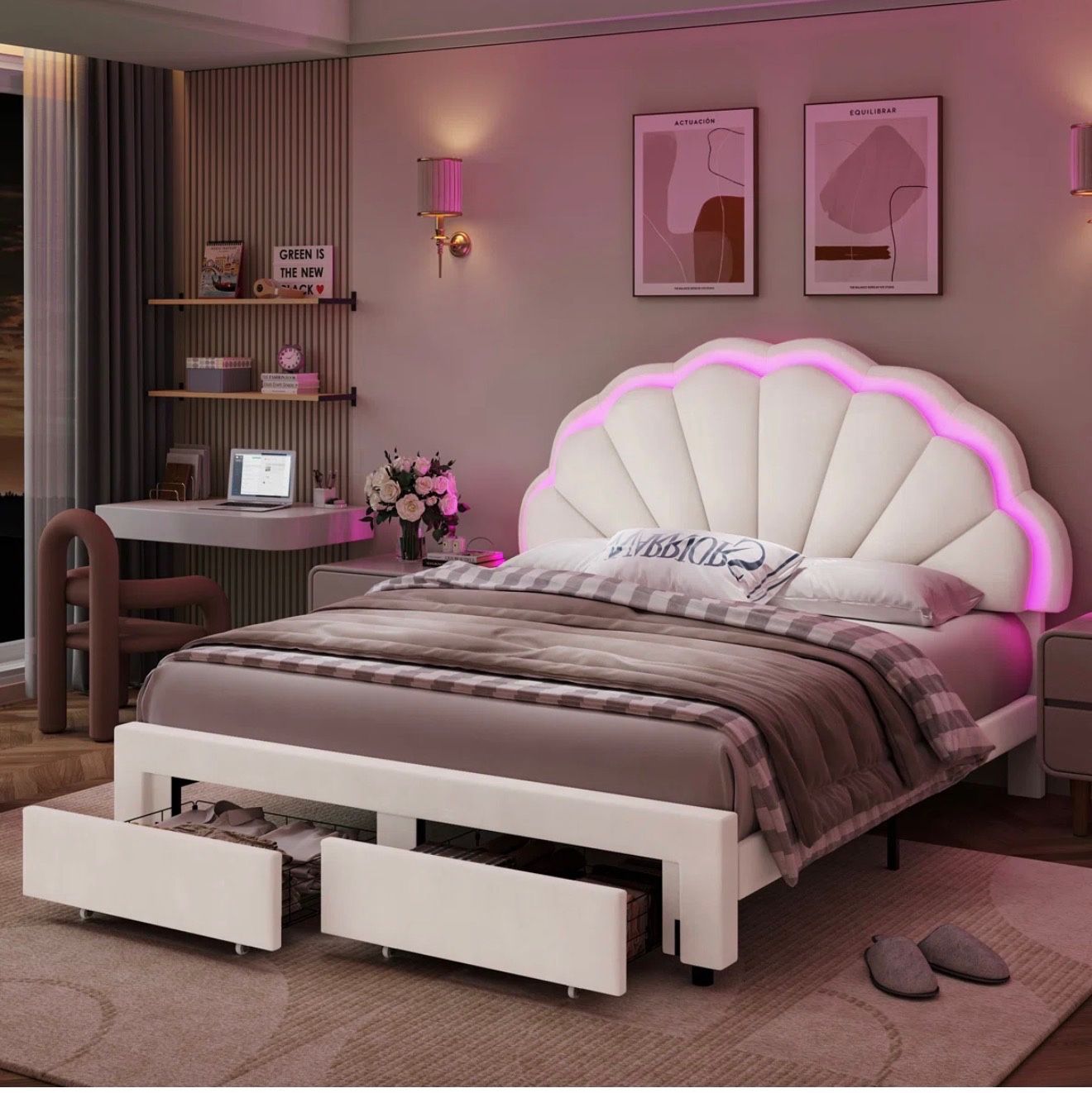 Burlyn Upholstered LED Bed Frame with Drawer & Adjustable Headboard