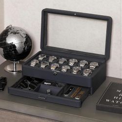 New 12 Slot Leather Watch Box with Valet Drawer - Luxury Watch and Jewelry Case Display Org -