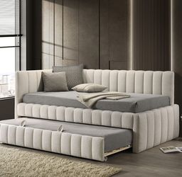 BEIGE FABRIC TWIN SIZE DAY-BED FRAME TRUNDLE W/ MATTRESS CAMA SENCILLA SILLON COLCHONES FURNITURE DEALS 4TH SAVINGS