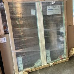 New window , double casement , fiberglass , almond , 57 by 65