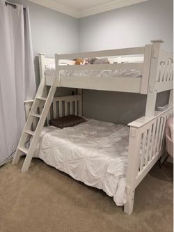 Pottery Barn full/twin white bunk bed. Mattresses included