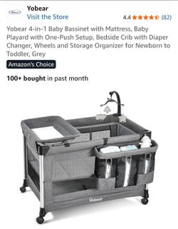 Yobear 4-in-1 Baby Bassinet with Mattress, Baby Playard with One-Push Setup, Bedside Crib with Diaper Changer, Wheels and Storage Organizer for Newbor