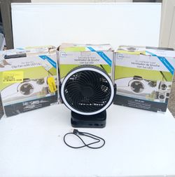 Mainstays 7" Rechargeable USB Clip and Table Fan with LED Light in black. 