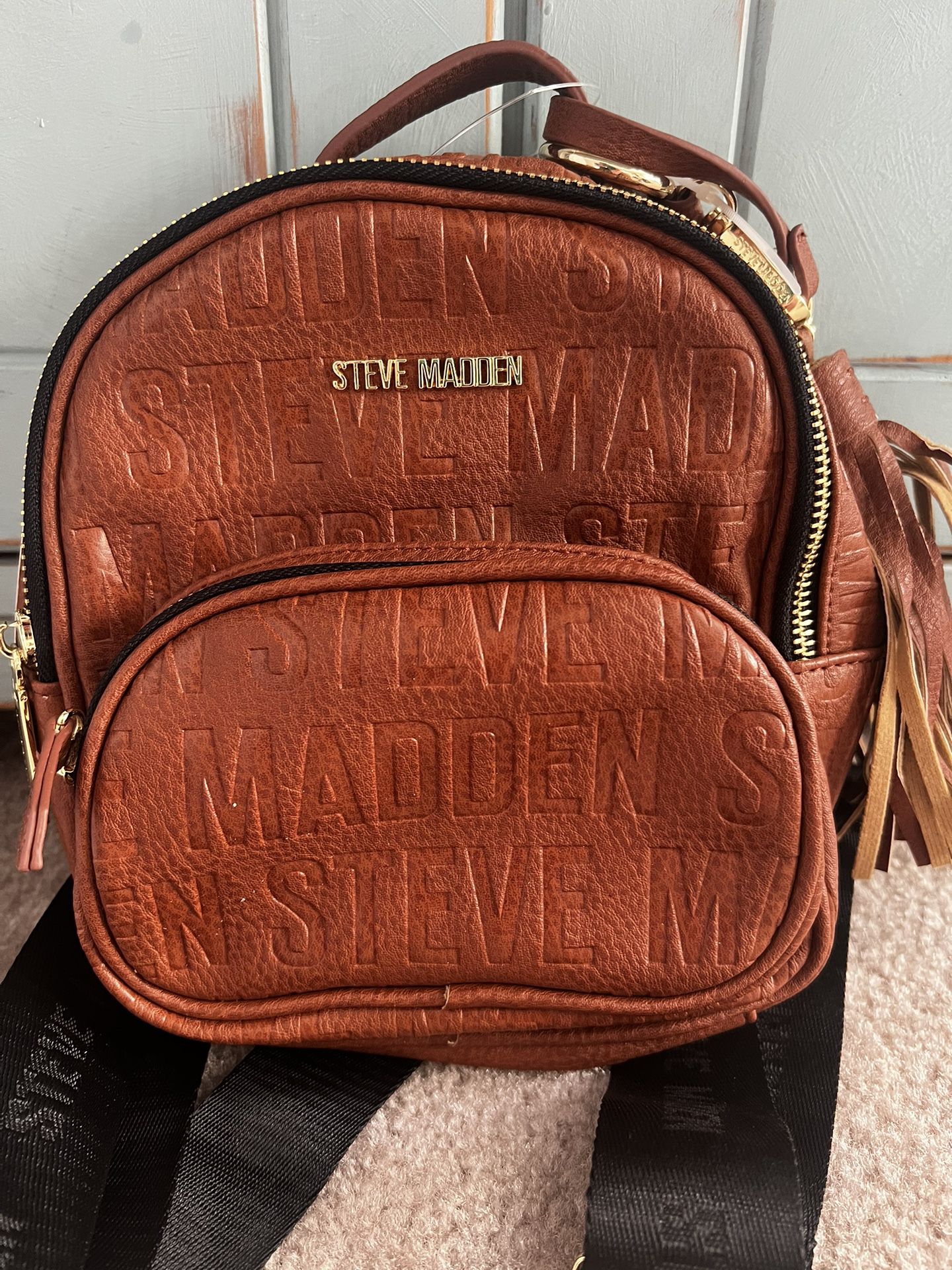 Brand New Steve Madden Cognac Vegan Leather Spell Out Mini Backpack 