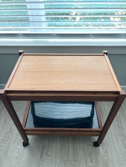 Vintage Mid Century Scandinavian Modern 2-Tier Teak Folding Rolling Serving & Bar Cart