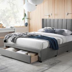 DARK GRAY LINEN FULL SIZE BED FRAME STORAGE 3 DRAWERS | CAMA GRIS CAJONES