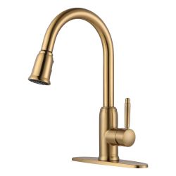Single Handle Deck Mount Gooseneck Pull Down Sprayer Kitchen Faucet with Deckplate Included in Brushed Gold