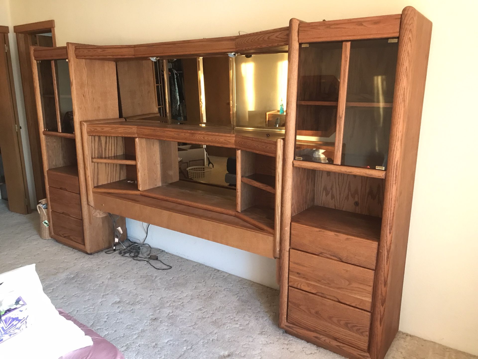 Large Oak Shelve Headboard W/ Lights 