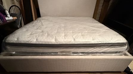 Tan king size bed frame with mattress, beauty, rest pillow top