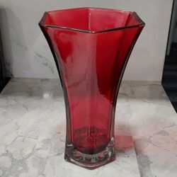 Hoosier Glass Ruby Red 10” Tall Glass Vase 6 Sided Vintage