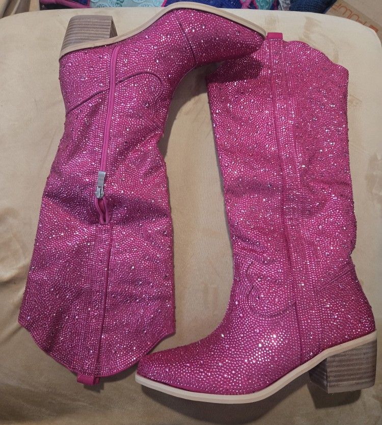 Hot Pink Rhinestone Cowboy Boots, Size 7.5