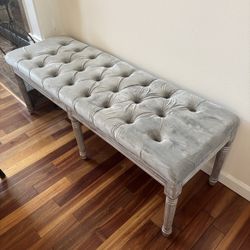 Tufted Grey Silver Bench with Distressed Wood Legs