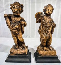 Pair of Cherub Putti Figurines on Black Base