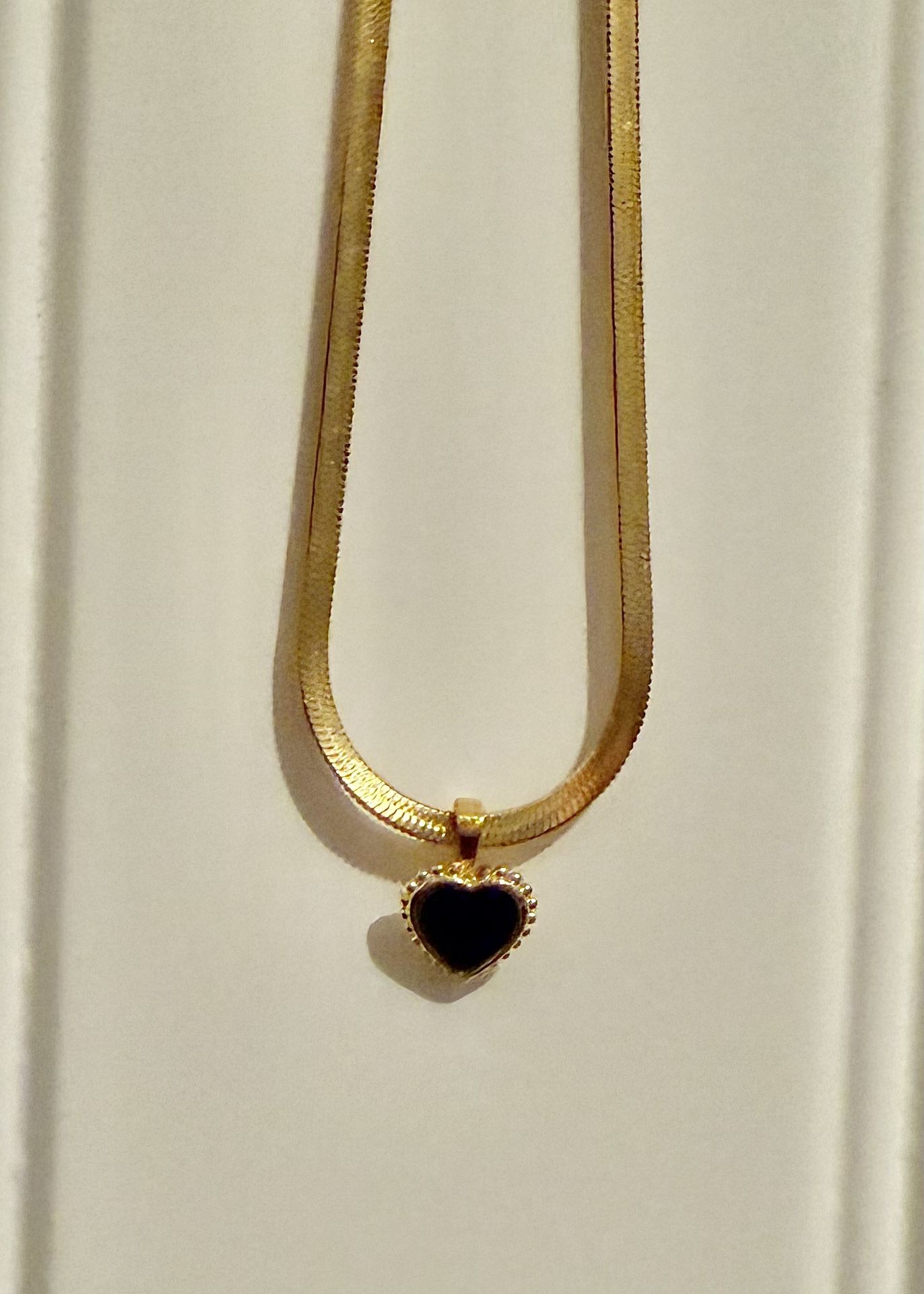 Gold & Black Heart Charm Necklace On Snake Chain