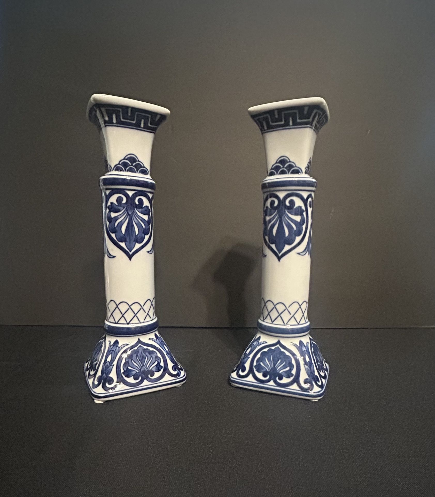 Large Chinoiserie Style Blue & White Candle Holders (2)