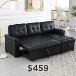 Black Leather Reversible Sectional Sofa With Pull Out Bed
