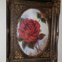 VINTAGE ORNATE 3D WOODEN GOLD BRONZE FRAME FLORAL  FLOWER ROSE ONE STROKE STILL LIFE CANVAS PAINTING PICTURE