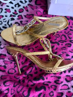 Gold Strappy High Heel Sandals with Rhinestones
