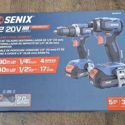 Senix X2 20V Max* 2-Tool Cordless Combo Kit with 1/2" Cordless Drill Driver & 1/4" Cordless Impact Driver, Brushless (2 2.0 Ah Batteries & Charger)