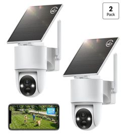 Tical Solar Security Cameras Wireless Outdoor 2 Pack, 4MP, 24/7 Recording Solar Powered Security Camera Outdoor, Color Night Vision, 360° View Pan/Til