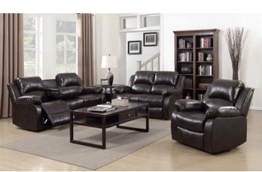 Brown Leather 3pc set Reclining. Motion Sofa with Down Cup holders, Motion Loveseat, Rocker Recliner. SAME DAY DELIVERY