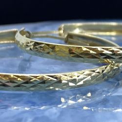 $575 Yellow Gold Geometric Textured Hoop Earrings