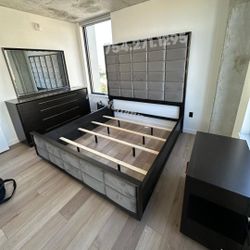 Wood Bedroom Set 4 Pcs Heavy Duty Dark Wood Grey Velvet 4 Pcs New