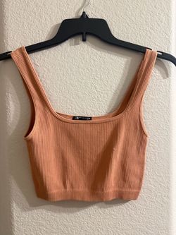 Zara Ribbed Square Neck Crop Tank Top – Peach – Size Medium