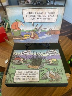 Hunting, fishing, comics, plaques