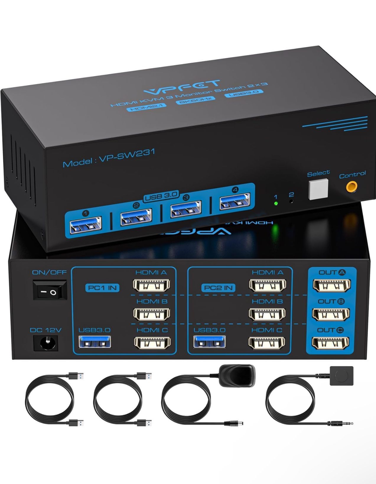 8K@60Hz HDMI KVM Switch 3 Monitors 2 Computers 4K@120Hz USB 3.0 KVM Switches for 2 PC Share Triple Monitor and 4 USB Ports Supports Extended&Duplicate