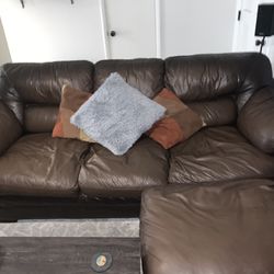 Brown Leather 3 Seater Couch And Ottoman 