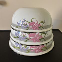 Vintage GMI Enamel On Metal Nesting Bowls Pink Purple Iris Set Of 3