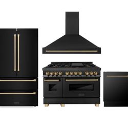 ZLINE 48" Autograph Edition Kitchen Package with Black Stainless Steel Dual Fuel Range, Range Hood, Dishwasher and Refrigeration with Champagne Bronze