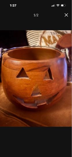Carved Wooden Jack-O-Lantern Bowl