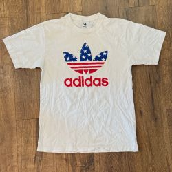 Adidas Patriotic Men's White Red & Blue American Flag Logo Stars & Stripes T-Shirt Size M