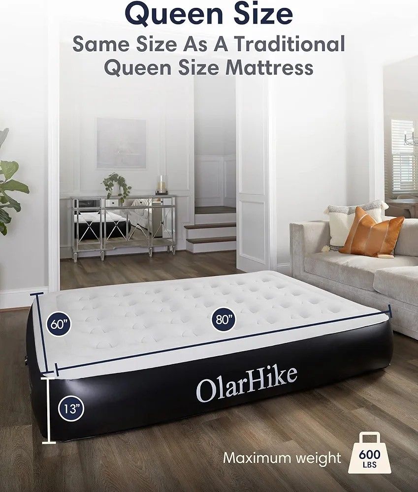 OlarHike Queen Air Mattress with Built in Pump,Inflatable Blow Up Airbed with Storage Bag,13" High Speed Inflation Black, Camping Accessories, Travel