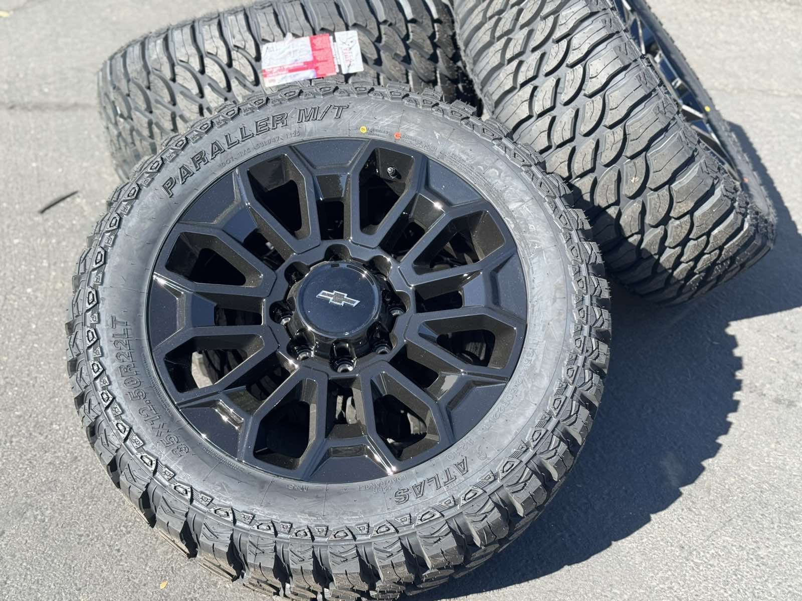 22" Black Wheels 22x9 8x180 Rims and 35” Tires 3500 Chevy 2500 Silverado Chevrolet GMC Sierra Denali HD 2500HD 3500HD AT4 Ultimate