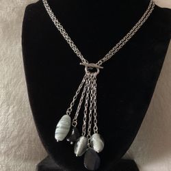 Silver Double Stranded Necklace With Dangling Stones