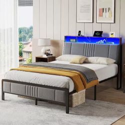 Gray Queen Bed Frame with Upholstered Headboard and Led Lights, Platform Bed No Box Spring Needed