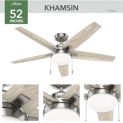 NEW Hunter Khamsin 52-in Brushed Nickel with Light Grey Oak Blades Ceiling Fan With Light 5 -Blade
