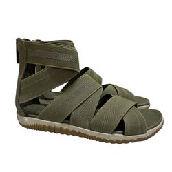 Sorel Out N' About Sandals 6 Strap Zip Back Criss Cross Sage Green Granola Girl