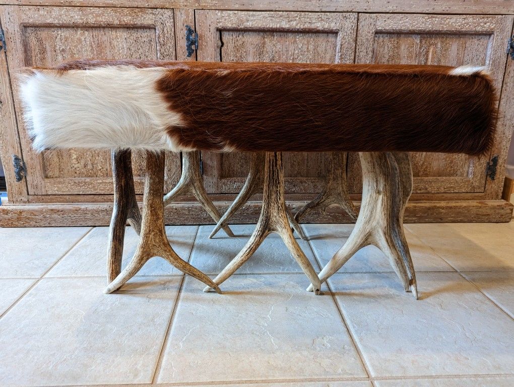 Real Cowhide And Deer Antler Bench