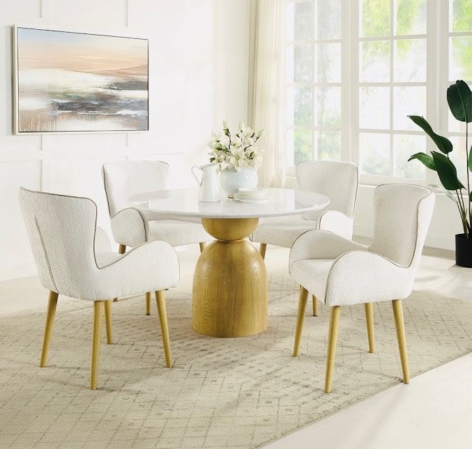 NATURAL MARBLE TOP W OAK FINISH PEDESTAL DINNING TABLE W4 UPHOLSTHERY CHAIRS