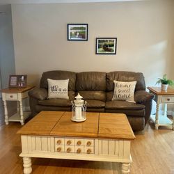 Leather Couch With Two Recliners Built In and 2 Tables 