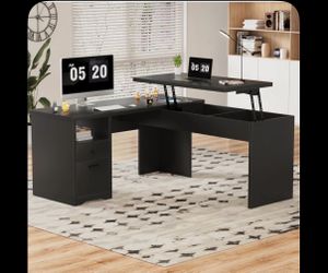56” lift top l-shaped desk with drawers- black