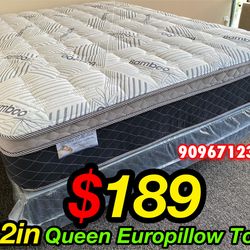 Queen Bamboo Plush Comfort Europillow Top 12inch Mattress
