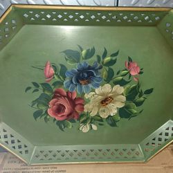 Nice Old Metal Floral Painted Tray With Label 20x15" See Description